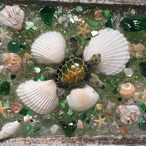 Puede incluir: Una pieza de arte de resina enmarcada que presenta una tortuga marina verde rodeada de conchas blancas y piezas de vidrio verde e iridiscente.