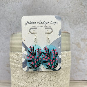 Pendientes de gota de acrílico Bayas Floral Planta Azul Rosa, Declaración Moderna Ligera, Regalo Boho Minimalista para Mujeres, 925 Alambres Plateados