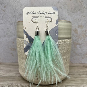 Natural Ostrich Feather Earrings, Boho Jewelry, Tassel Dangle, Sea Foam Green, 925 Silver Ear Wires, Bohemian, Festival, Gift for Women