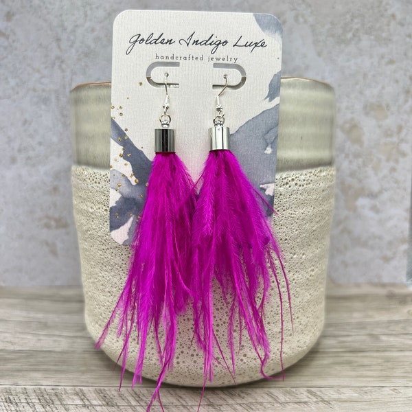 Boucles d’oreilles en plumes d’autruche naturelles, bijoux Boho, Tassel Dangle, Fuschia Magenta Hot Pink, fils d’oreille en argent 925, Boho, cadeau pour femmes