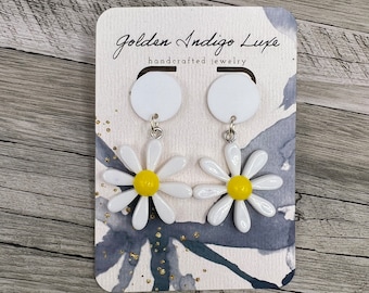 Resin Daisy Flower Dangle Earrings, White Yellow, Flower Power Boho Jewelry, Gift for Women