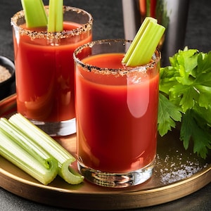 Puede incluir: Dos vasos de zumo de tomate rojo con tallos de apio y un borde salado. Los vasos est&aacute;n en una bandeja dorada con una guarnici&oacute;n verde de hojas.