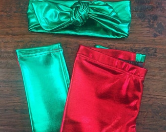 Dreaming Kids Red & Green Metallic Leggings and Head wrap