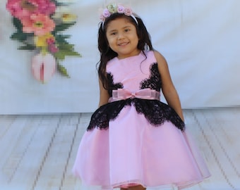 Pink & Black Lace silk Dress - Infant, Toddler, Girls