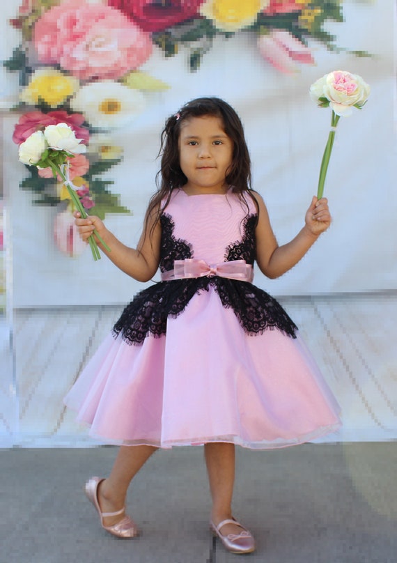 Pink & Black Lace silk Dress - Infant, Toddler, Girls Pink & Black Lace silk Dress - Infant, Toddler, Girls