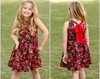 Rojo y Negro Floral Manga Menos Vestido - Infante, Niño, Niñas