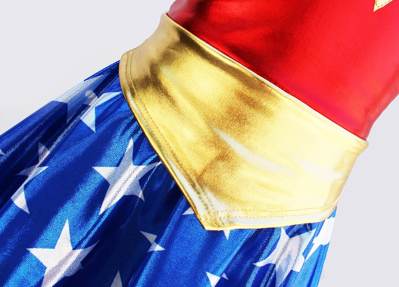 Girls wonder woman costume 4th of july blue and red gold metallic halloween image 9