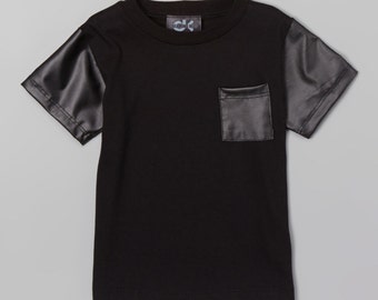 BLACK W/faux leather sleeves & Pocket Tee