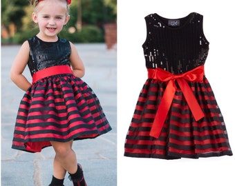 Black & Red Striped Sequin Dress - Infant, Toddler, Girls