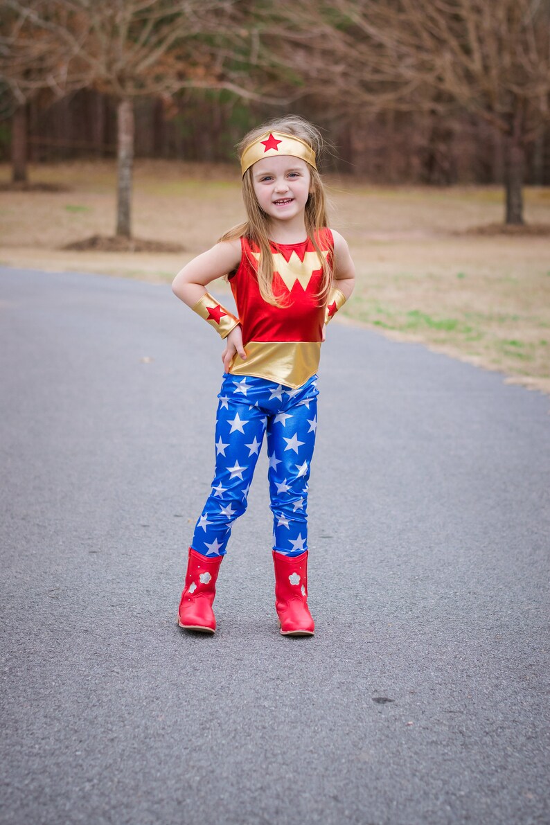 Girls wonder woman 3 costume 4th of july  blue and red gold metallic halloween