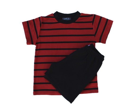 Calvin dark red & Black Stripe Tee rib and black shorts SET | Etsy