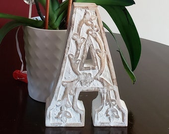 LETTER ** A ** - Carved Mango Distressed Wood, 8"h - White Wash