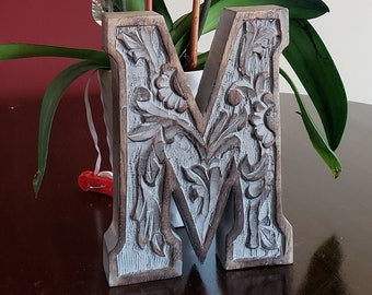 LETTER ** M ** - Carved Mango Distressed Wood, 8"h - Gray Wash