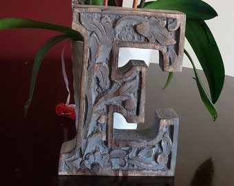 LETTER ** E ** - Carved Mango Distressed Wood, 8"h - Gray Wash