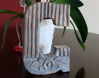 LETTER ** C ** - Carved Mango Distressed Wood, 8"h - Gray Wash