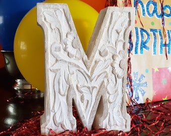 LETTER ** M ** - Carved Mango Distressed Wood, 8"h - White Wash