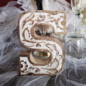 LETTER ** S ** - Carved Mango Distressed Wood, 8&quot;h - Antique White