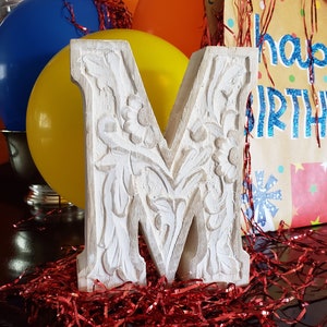 LETTER ** M ** - Carved Mango Distressed Wood, 8&quot;h - White Wash