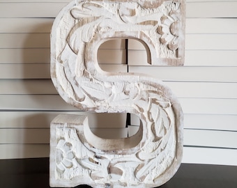 LETTER ** S ** - Carved Mango Distressed Wood, 8"h - White Wash