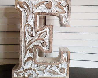 LETTER ** E ** - Carved Mango Distressed Wood, 8"h - Antique White