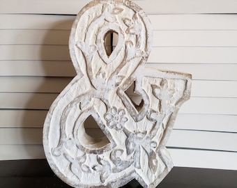 LETTER ** & ** - Carved Mango Distressed Wood, 8"h - White Wash