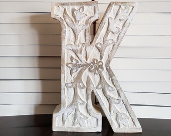 LETTER ** K ** - Carved Mango Distressed Wood, 8"h - White Wash