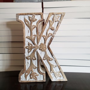 LETTER ** K ** - Carved Mango Distressed Wood, 8"h - Antique White