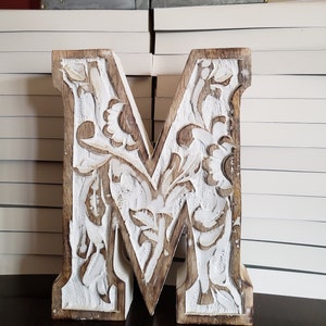 LETTER ** M ** - Carved Mango Distressed Wood, 8"h - Antique White