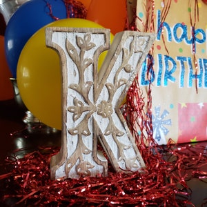 LETTER K Carved Mango Distressed Wood, 8h Antique White image 4