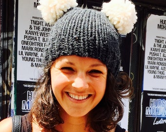 Panda Pom-Pom Hat, handknit two tone double pom pom beanie, warm ski hat, trendy snowboard hat, warm winter hat
