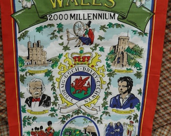 Vintage Souvenir Year 2000 Tea Towel from Wales