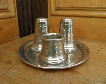 Vintage Pewter Salt, Pepper and Mustard Pot Set on Tray. Hammered Pewter Detail, with Banding,