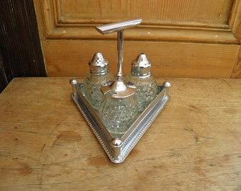 Vintage Salt, Pepper and Mustard Pot Set on Triangular Stand, Pressed Glass and Chrome, Hobnail Glass,