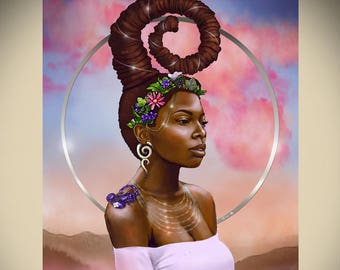 Scorpio Zodiac Afrofuturism African American Art Black Goddess Woman Natural Hair Dreadlocks Fantasy Illustration Print by Sheeba Maya
