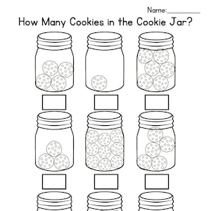 May include: A black and white worksheet with the text "How Many Cookies in the Cookie Jar?" and nine jars with different numbers of cookies inside. The worksheet is designed for children to count the cookies in each jar and write the number in the blank space below each jar.