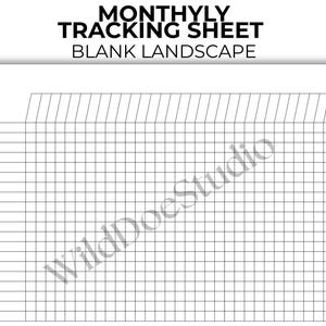 May include: A white monthly tracking sheet with a black grid layout in landscape orientation. The text at the top reads MONTHLY TRACKING SHEET BLANK LANDSCAPE. The grid features thin black lines forming rows and columns for data entry.