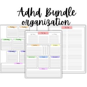 Pode incluir: Um conjunto de páginas de planejador imprimíveis projetadas para organização. As páginas incluem seções para planejamento diário, semanal e mensal, bem como listas de tarefas e notas.