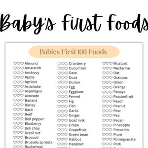 May include: A white chart titled "Babies First 100 Foods" with a list of foods, including almond, apple, and banana. The words "Baby's first foods" are written in black cursive at the top.