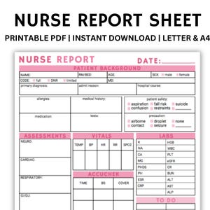 May include: A printable nurse report sheet with a white background and pink accents. The sheet includes sections for patient background, assessments, vitals, labs, and a to-do list. Text at the top reads "NURSE REPORT SHEET".