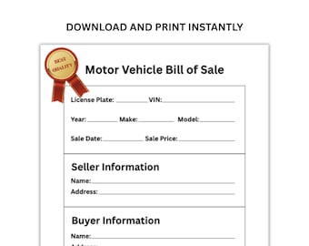 BILL OF SALE motor vehicle, printable sale contract, instant download, sign and print immediately, template for dmv dol, report sale form