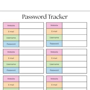 May include: A white Password Tracker sheet with sections for website, email, username, and password. Each section is color-coded in pink, orange, green, and blue. The title "Password Tracker" is at the top.
