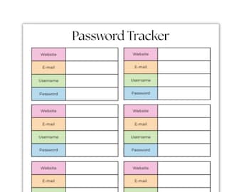 Puede incluir: Una hoja blanca de Password Tracker con secciones para sitio web, correo electrónico, nombre de usuario y contraseña. Cada sección está codificada por colores en rosa, naranja, verde y azul. El título "Password Tracker" está en la parte superior.