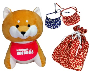 Official Kawaii Shiba Co. Shiba Inu Plush With Matching Karakusa Bandanas and Bag Gift Set