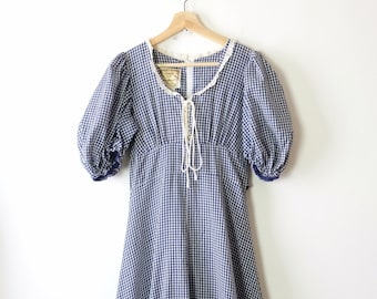 Vintage Gunne Sax Gingham Lace up Prairie Dress/Calico Maxi Dress from 70's/Blue/Size 9