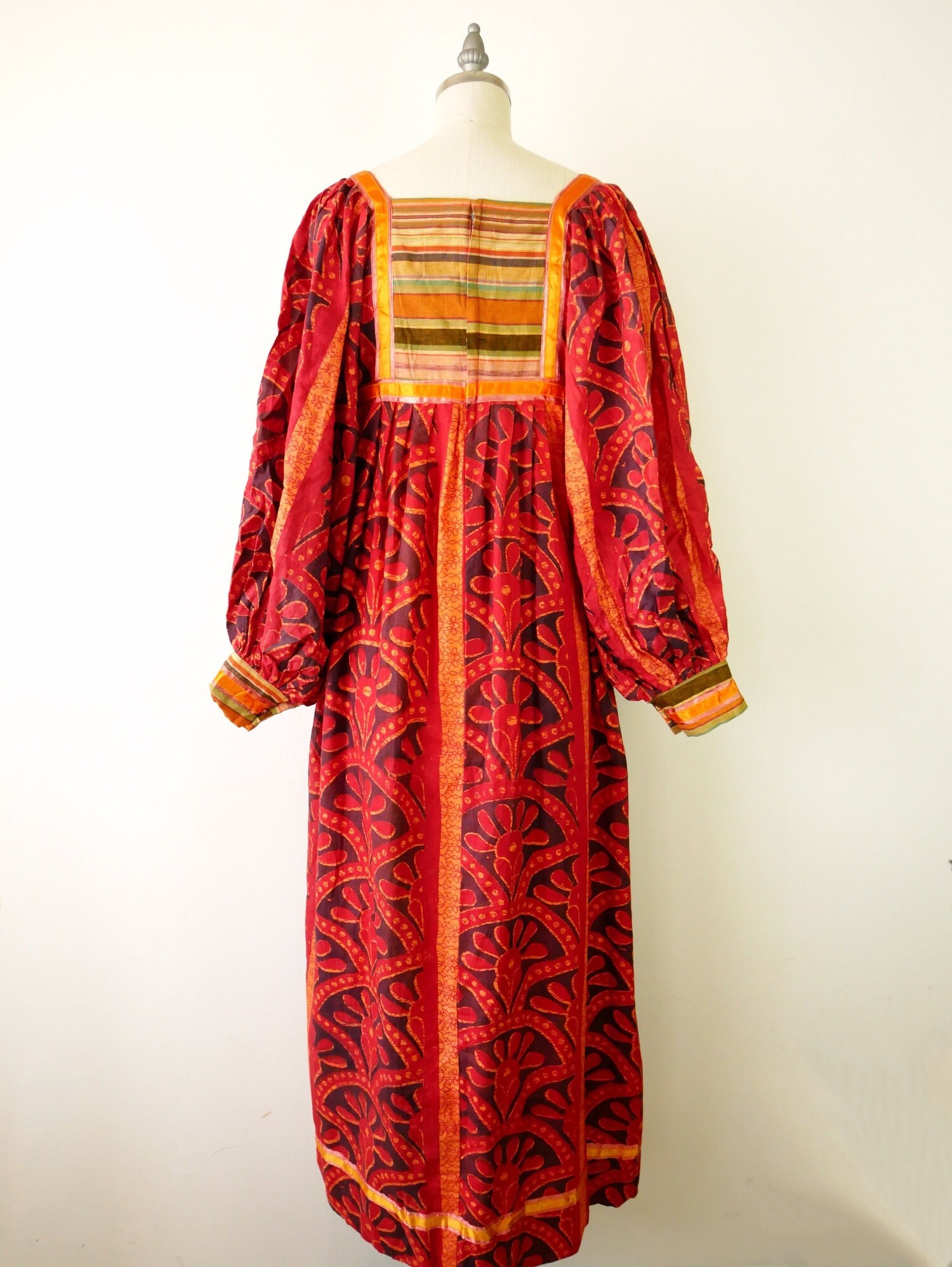 Vintage Karavan Red Block Printed India Cotton Dress/maxi