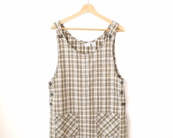 Vintage Greenish Brown/Ecru Check Linen/Cotton Pinafore Dress/Sleeveless Dress/Market Dress
