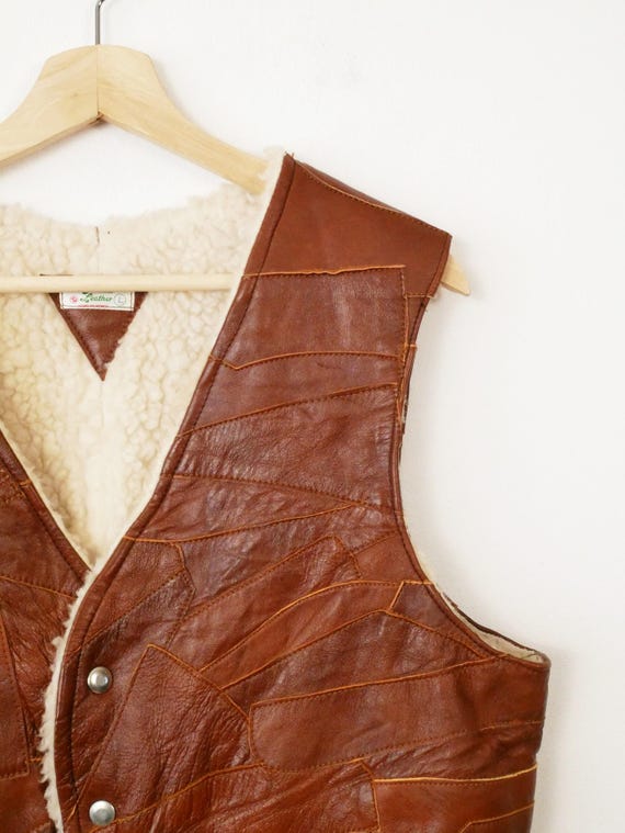 Vintage Patchwork Leather Shearling Vest/Men's Le… - image 3