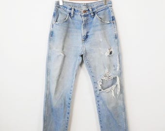 90s Rustler Men's light wash distressed denim jeans straight leg