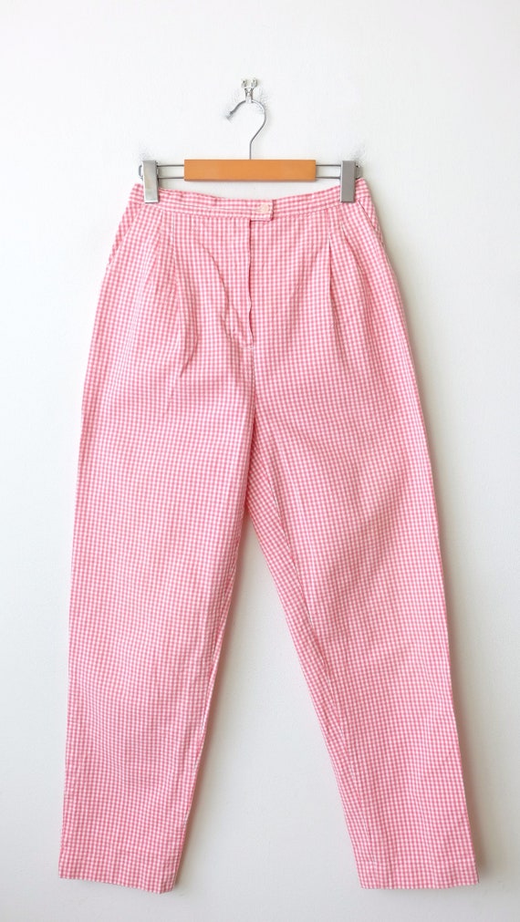 Vintage Gingham check High Waisted Cotton tapered Pants from 70 s W25