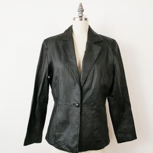 Vintage 90s Women&#39;s Black Leather Blazer/Leather Tailored Jacket